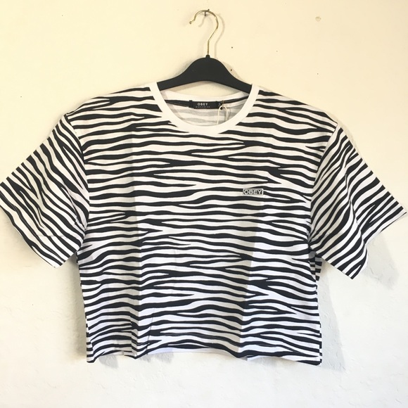 Obey Tops Obey Feisty Cropped Oversized Cotton Zebra Striped Top